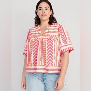 Old Navy Boho Embroidered Tunic Top Pink Orange Geometric Textured Blouse XL